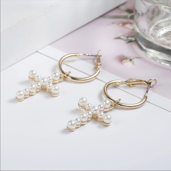 • Faith • Faux Pearl Cross Drop Earrings - Picture 4 of 5